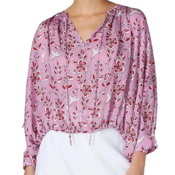 Rhode Helene Crepe De Chine Gathered Bird Print Peasant Blouse S - Picture 2 of 10